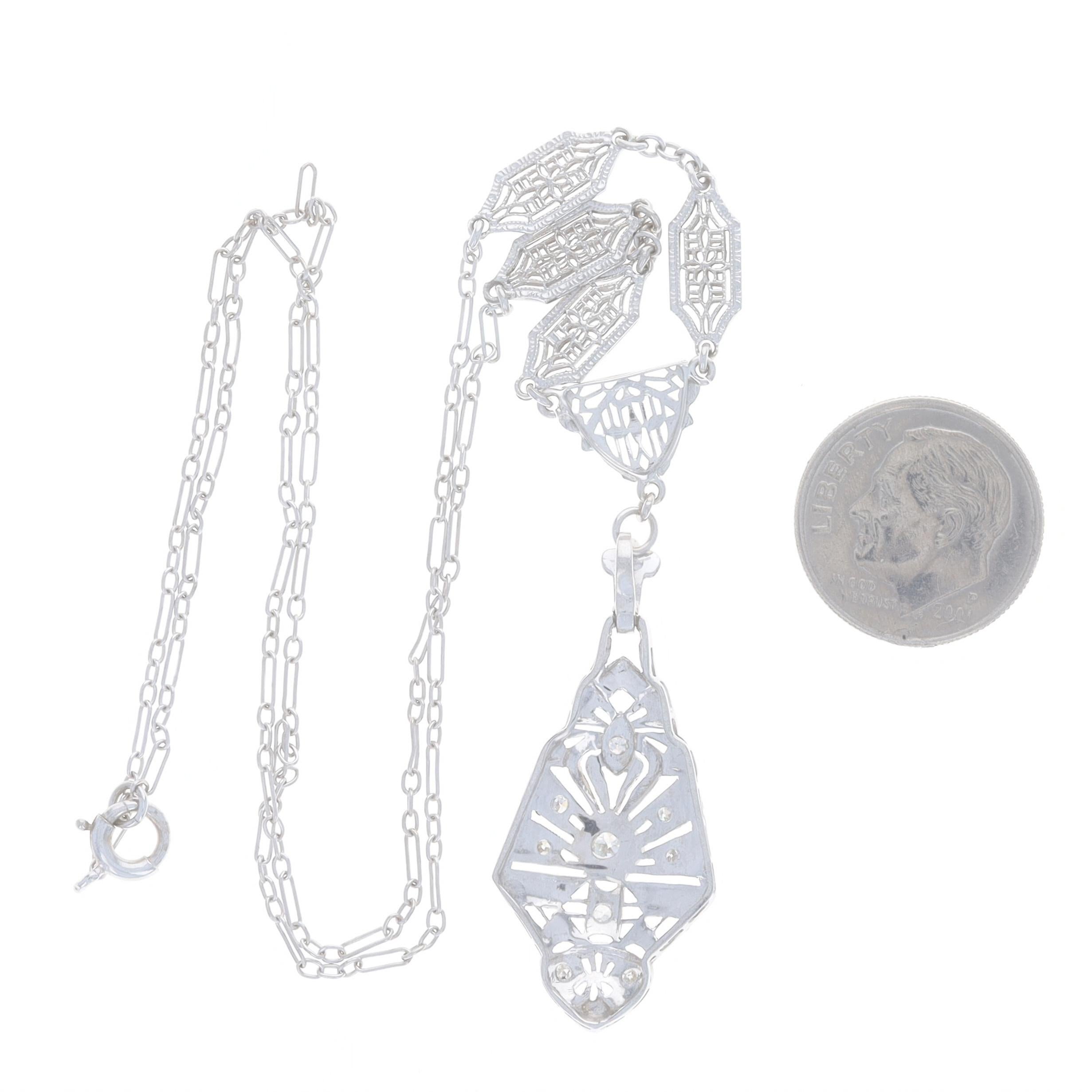 Single Cut White Gold Diamond Art Deco Drop Necklace 16 3/4