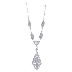 White Gold Diamond Art Deco Drop Necklace 16 3/4" - 14k European .20ctw Vintage