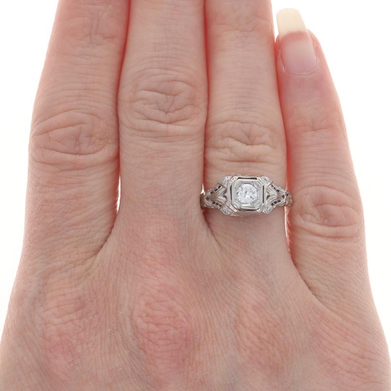 Single Cut White Gold Diamond Art Deco Engagement Ring - 18k Transitional .34ctw Vintage For Sale