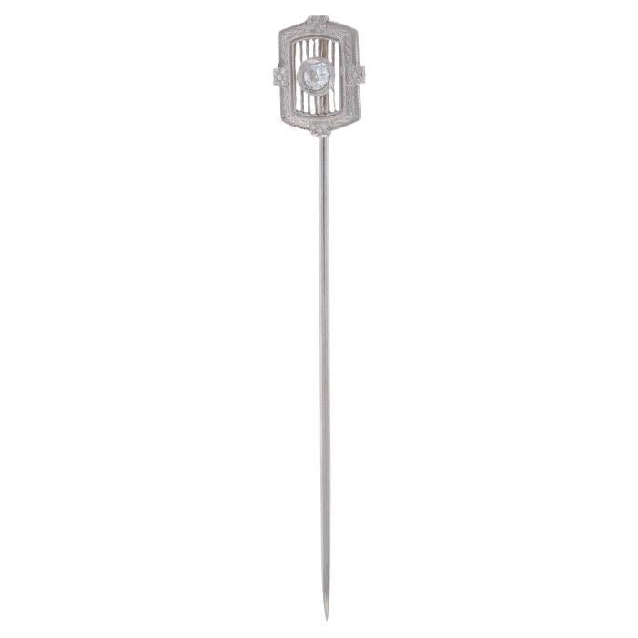 Art Deco Floral Solitär Stickpin aus Weißgold mit Diamant im Minenschliff - 14k Minenschliff Vintage