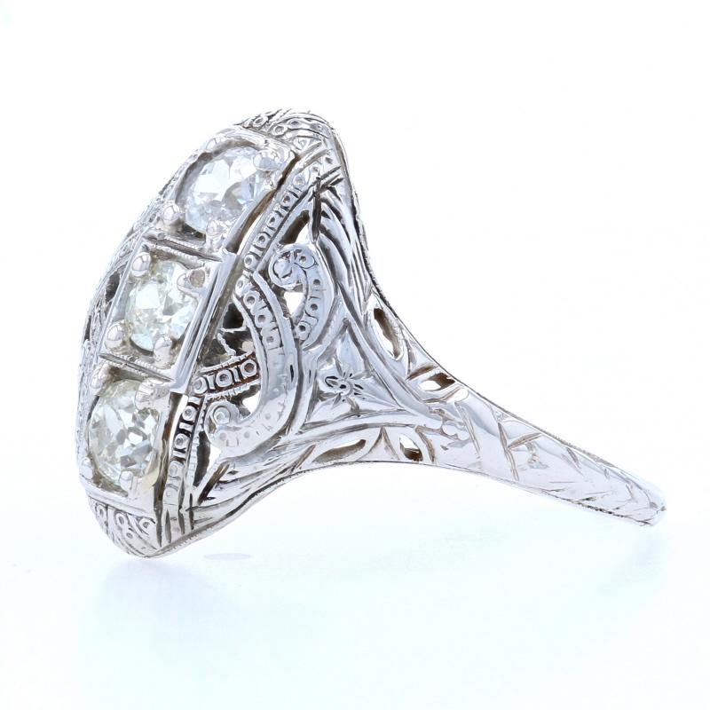 Old Mine Cut White Gold Diamond Art Deco Floral Three-Stone Ring, 18k Mine Cut .50ctw Vintage