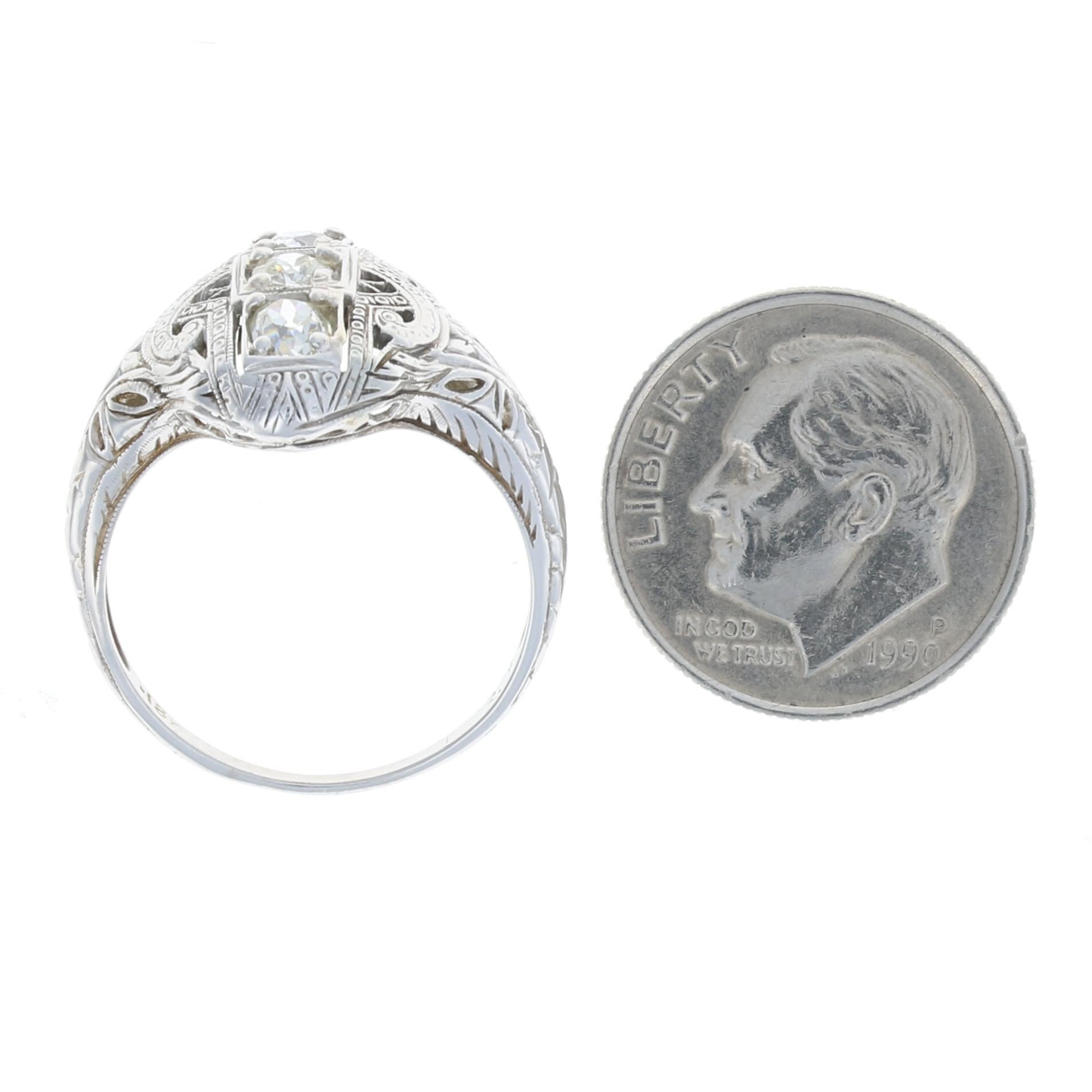 Women's White Gold Diamond Art Deco Floral Three-Stone Ring, 18k Mine Cut .50ctw Vintage