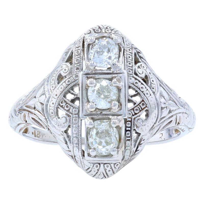 White Gold Diamond Art Deco Floral Three-Stone Ring, 18k Mine Cut .50ctw Vintage