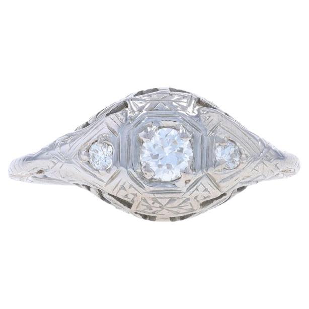 White Gold Diamond Art Deco Ring - 18k Transitional Rnd .30ctw Vintage Filigree For Sale