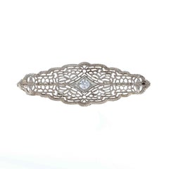 White Gold Diamond Art Deco Solitaire Bar Brooch - 10k Round .12ct Vintage Pin