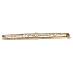 White Gold Diamond Art Deco Solitaire Bar Brooch - 14k Euro Antique Filigree Pin