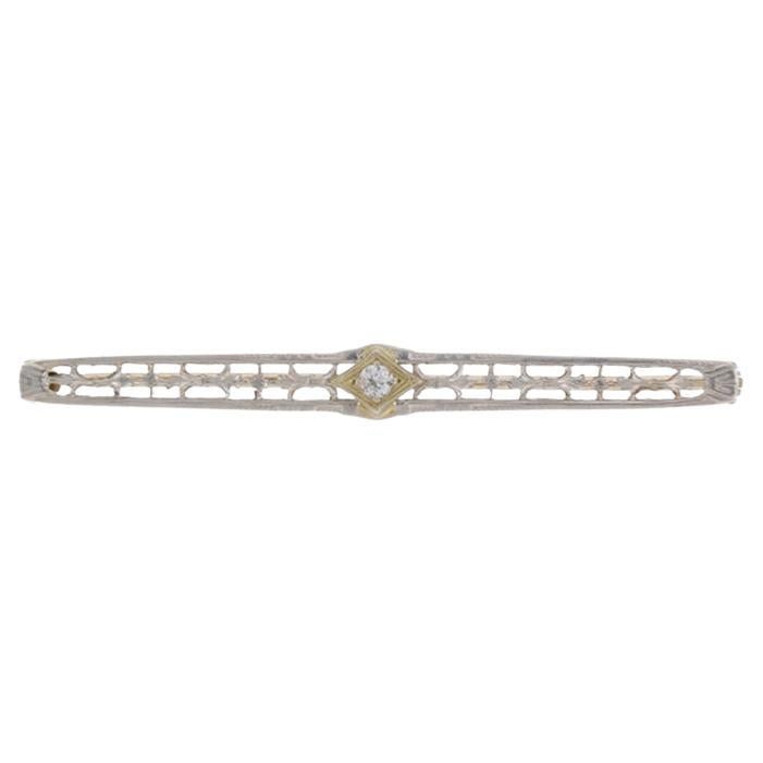 White Gold Diamond Art Deco Solitaire Bar Brooch - 14k Euro Vintage Filigree Pin