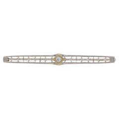 White Gold Diamond Art Deco Solitaire Bar Brooch - 14k Euro Vintage Filigree Pin
