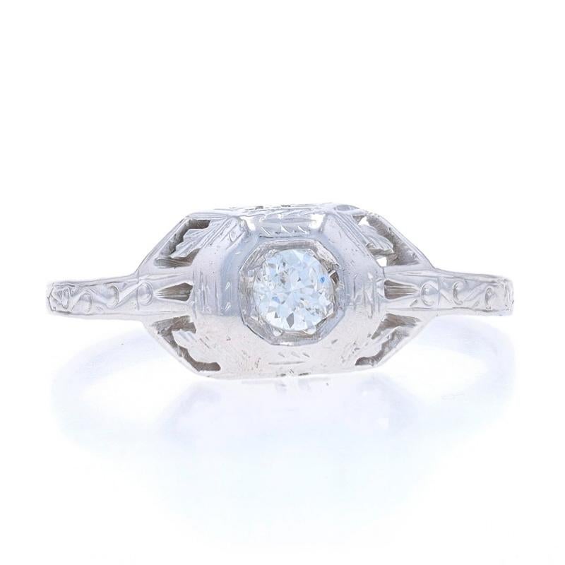 Size: 9 1/4
Sizing Fee: Up 2 sizes for $40 or Down 2 sizes for $40

Era: Art Deco

Metal Content: 14k White Gold & 18k White Gold

Stone Information

Natural Diamond
Carat(s): .20ct
Cut: European
Color: H
Clarity: I1

Total Carats: .20ct

Style: