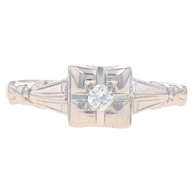 White Gold Diamond Art Deco Solitaire Engagement Ring -14k Euro Vintage Milgrain For Sale