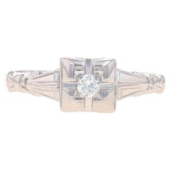 White Gold Diamond Art Deco Solitaire Engagement Ring -14k Euro Vintage Milgrain