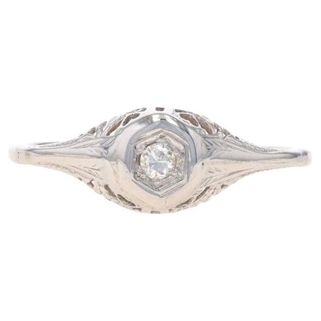 White Gold Diamond Art Deco Solitaire Engagement Ring 18k & 14k Vintage Filigree
