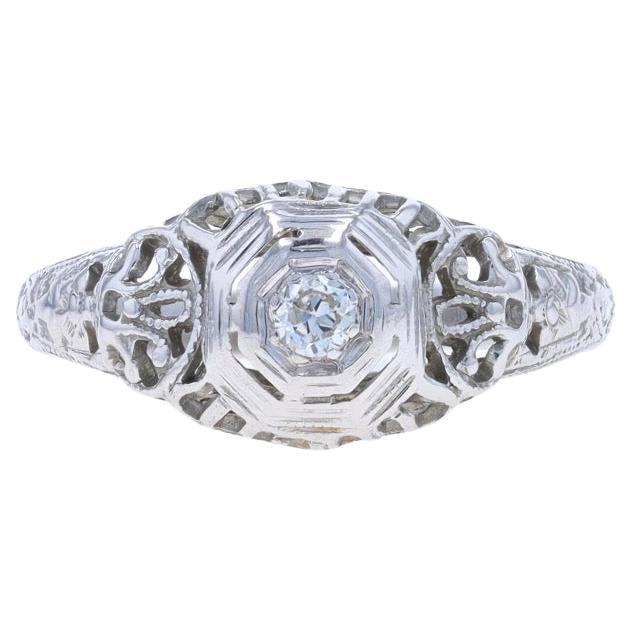 Art Deco Solitär Verlobungsring aus Weißgold mit Diamanten -18k Euro Vintage Filigran