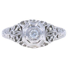 White Gold Diamond Art Deco Solitaire Engagement Ring -18k Euro Vintage Filigree