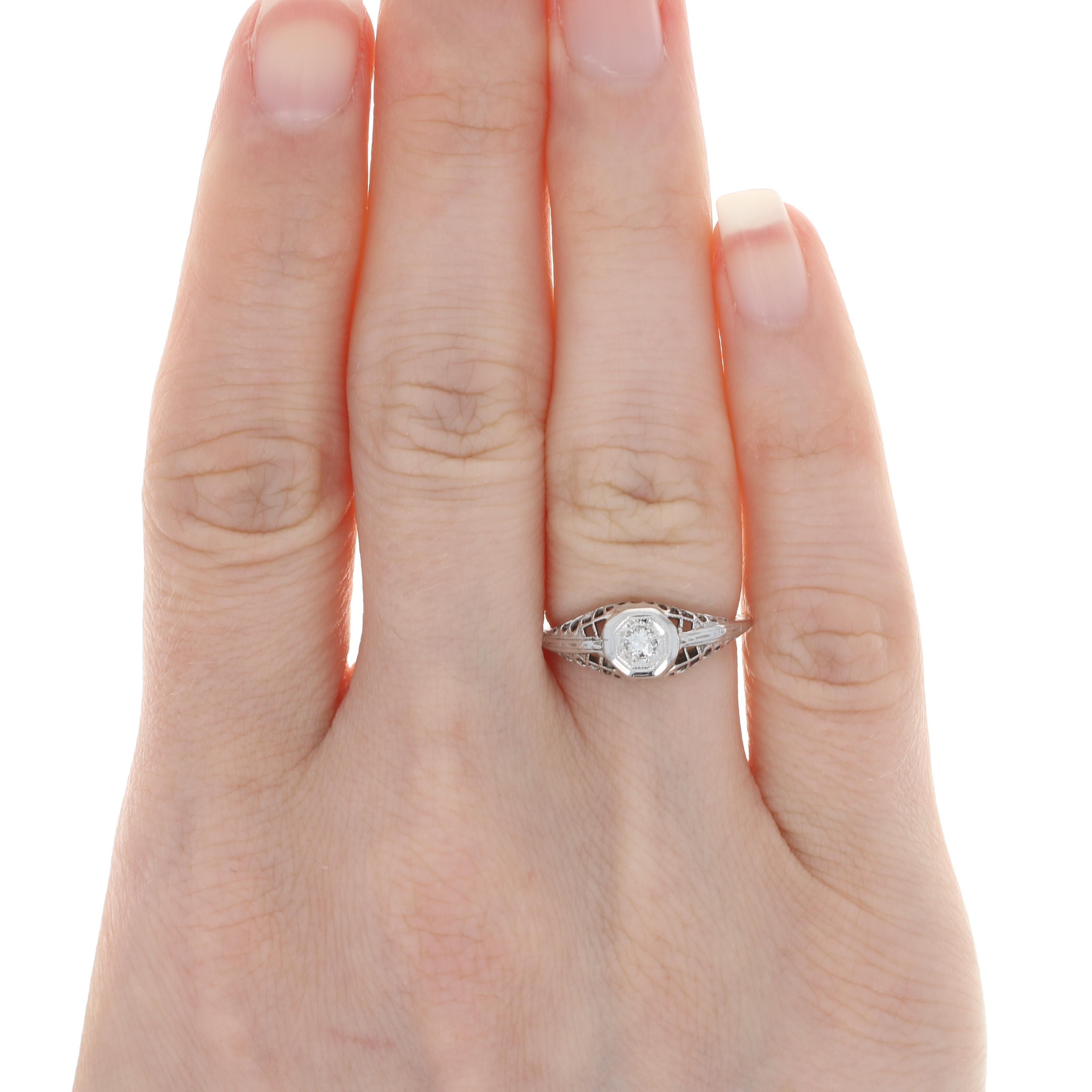 For Sale:  White Gold Diamond Art Deco Solitaire Engagement Ring, 18k Old European .10ct 3