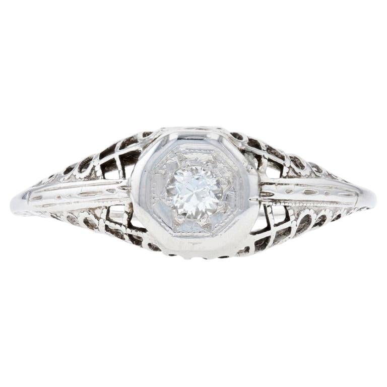 For Sale:  White Gold Diamond Art Deco Solitaire Engagement Ring, 18k Old European .10ct