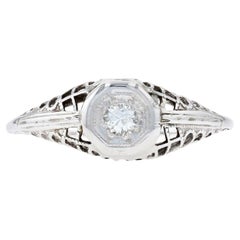 Retro White Gold Diamond Art Deco Solitaire Engagement Ring, 18k Old European .10ct