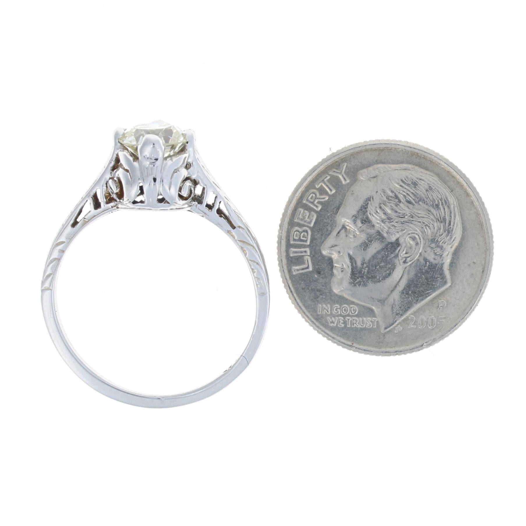 Women's or Men's White Gold Diamond Art Deco Solitaire Engagement Ring, 18k Old European .78ct For Sale