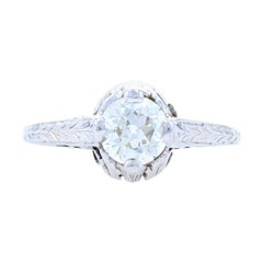 White Gold Diamond Art Deco Solitaire Engagement Ring, 18k Old European .78ct