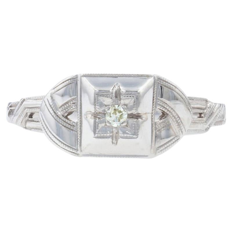 For Sale:  White Gold Diamond Art Deco Solitaire Ring, 14k Single Cut Milgrain Engagement