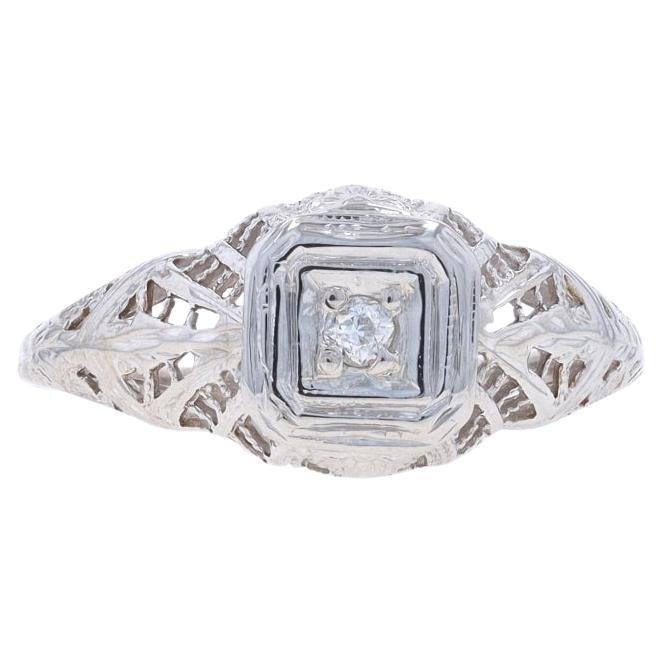 White Gold Diamond Art Deco Solitaire Ring -18k Euro Vintage Filigree Engagement For Sale