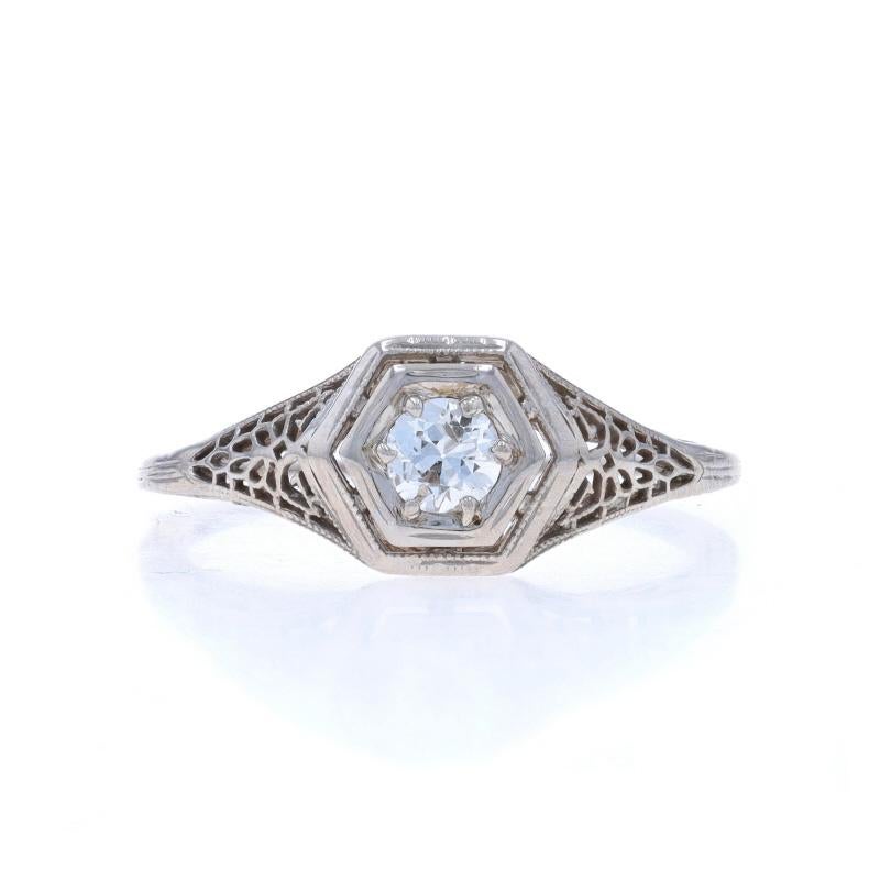 Size: 8 1/2
Sizing Fee: Up 2 sizes for $60 or Down 1 1/2 sizes for $40

Era: Art Deco

Metal Content: 18k White Gold

Stone Information

Natural Diamond
Carat(s): .28ct
Cut: European
Color: H
Clarity: SI2

Total Carats: .28ct

Style: