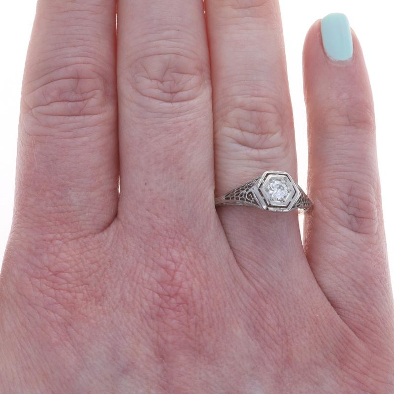 Old European Cut White Gold Diamond Art Deco Solitaire Ring - 18k European .28ct Filigree For Sale