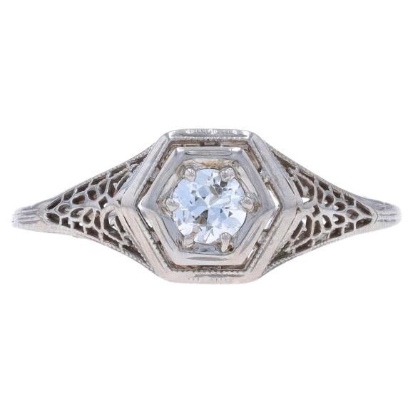 White Gold Diamond Art Deco Solitaire Ring - 18k European .28ct Filigree