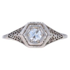 White Gold Diamond Art Deco Solitaire Ring - 18k European .28ct Filigree