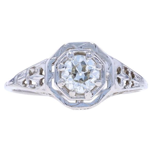Anillo Solitario Art Decó de Oro Blanco 18k Europeo .50ct Compromiso Vintage