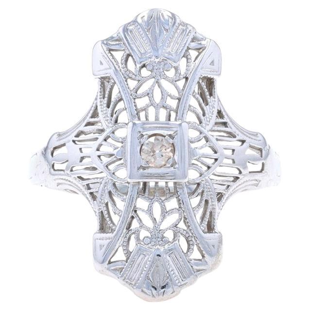 Anillo Solitario Art Decó de Diamantes de Oro Blanco -18k Filigrana Floral Europea Vintage