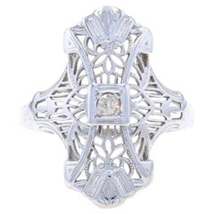 Anillo Solitario Art Decó de Diamantes de Oro Blanco -18k Filigrana Floral Europea Vintage