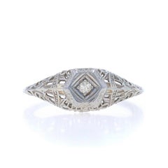 White Gold Diamond Art Deco Solitaire Ring - 18k Single Cut Vintage Filigree