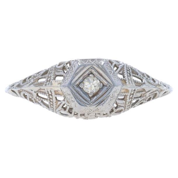 White Gold Diamond Art Deco Solitaire Ring - 18k Single Cut Vintage Filigree