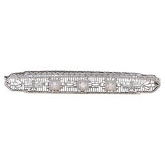 White Gold Diamond Art Deco Three-Stone Bar Brooch - 14k Vintage Filigree Pin