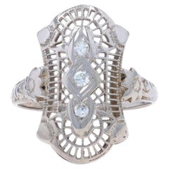 Bague Art déco à trois pierres en or blanc, diamants et fleurs, taille unique, 18 carats