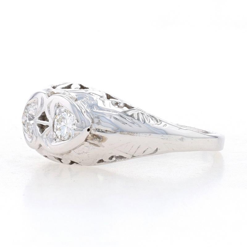 Old European Cut White Gold Diamond Art Deco Two-Stone Ring 18k Euro .28ctw Vintage Floral Hearts For Sale