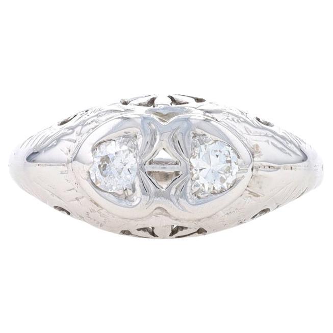 White Gold Diamond Art Deco Two-Stone Ring 18k Euro .28ctw Vintage Floral Hearts For Sale