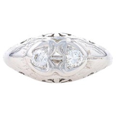 White Gold Diamond Art Deco Two-Stone Ring 18k Euro .28ctw Vintage Floral Hearts