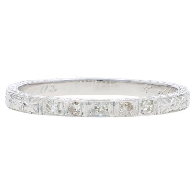 White Gold Diamond Art Deco Wedding Band - 18k Vintage Five-Stone Ring SZ 9 1/4 For Sale