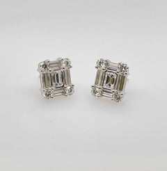 White Gold Diamond Baguette & Round Diamond Stud Earrings