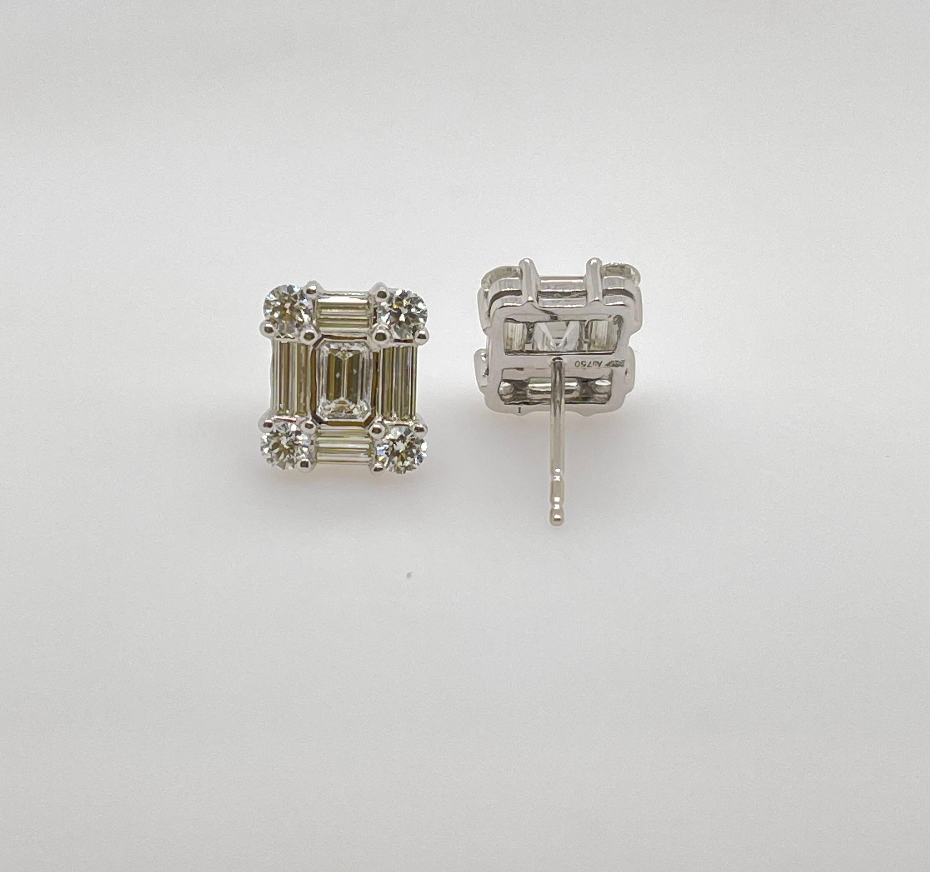 Weißgold Diamant Baguette & runde Diamant-Ohrstecker aus Weißgold (Baguetteschliff)