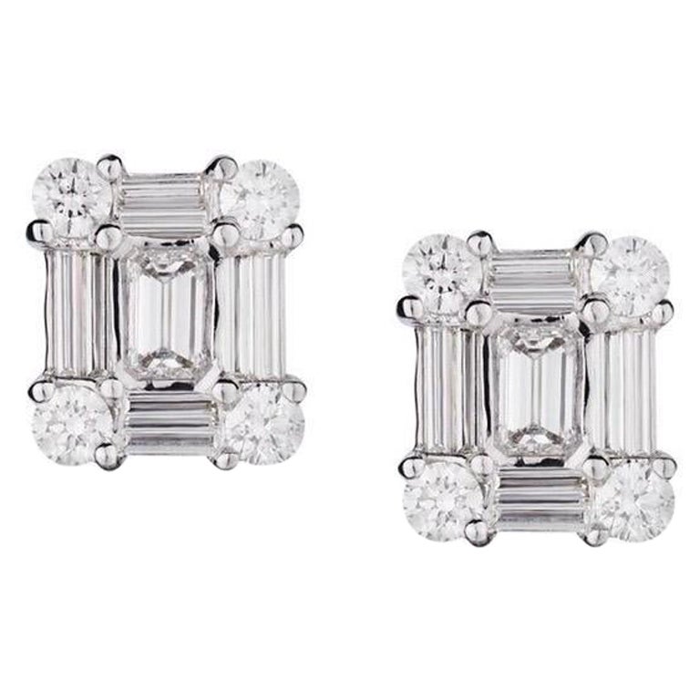 Weißgold Diamant Baguette & runde Diamant-Ohrstecker aus Weißgold