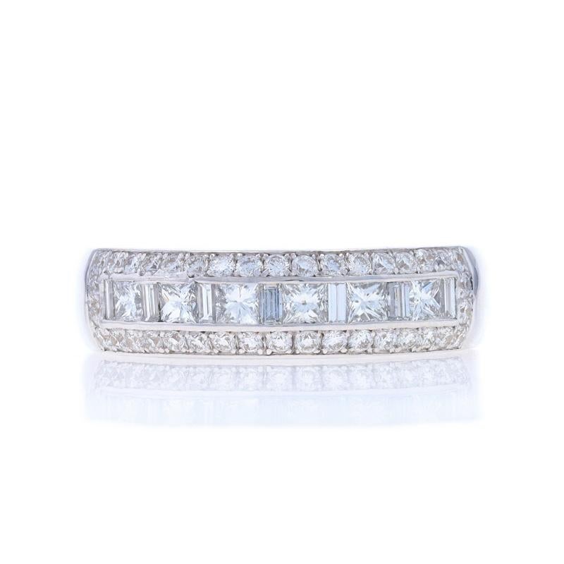 Size: 7
Sizing Fee: Up 1/2 a size for $100 or Down 1/2 a size for $80

Metal Content: 18k White Gold

Stone Information

Natural Diamonds
Carat(s): 1.00ctw
Cut: Princess, Round Brilliant, & Baguette
Color: E - F
Clarity: VS1 - VS2

Total Carats:
