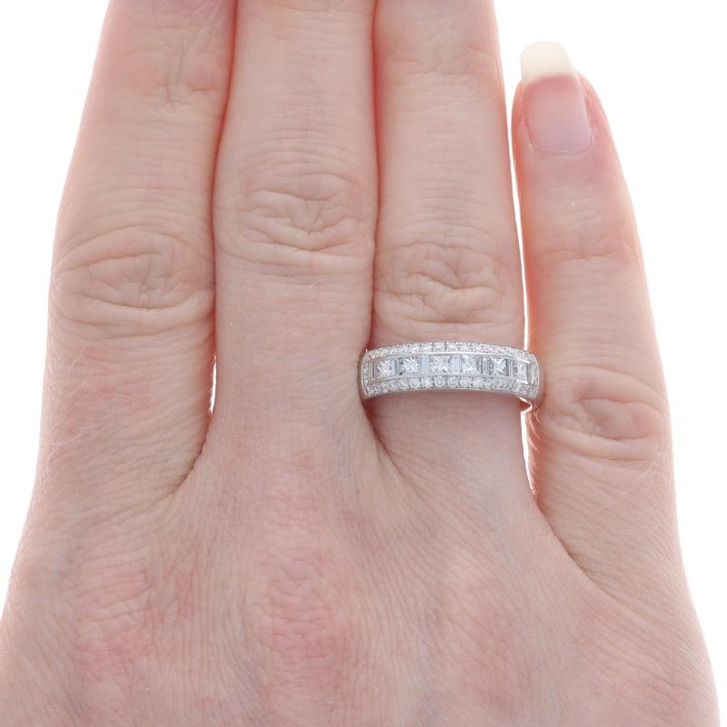 Princess Cut White Gold Diamond Band - 18k Princess, Round Brilliant, & Baguette 1.00ctw Ring For Sale