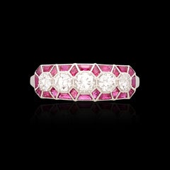 White Gold Diamond Band Ring with Ruby Accents
