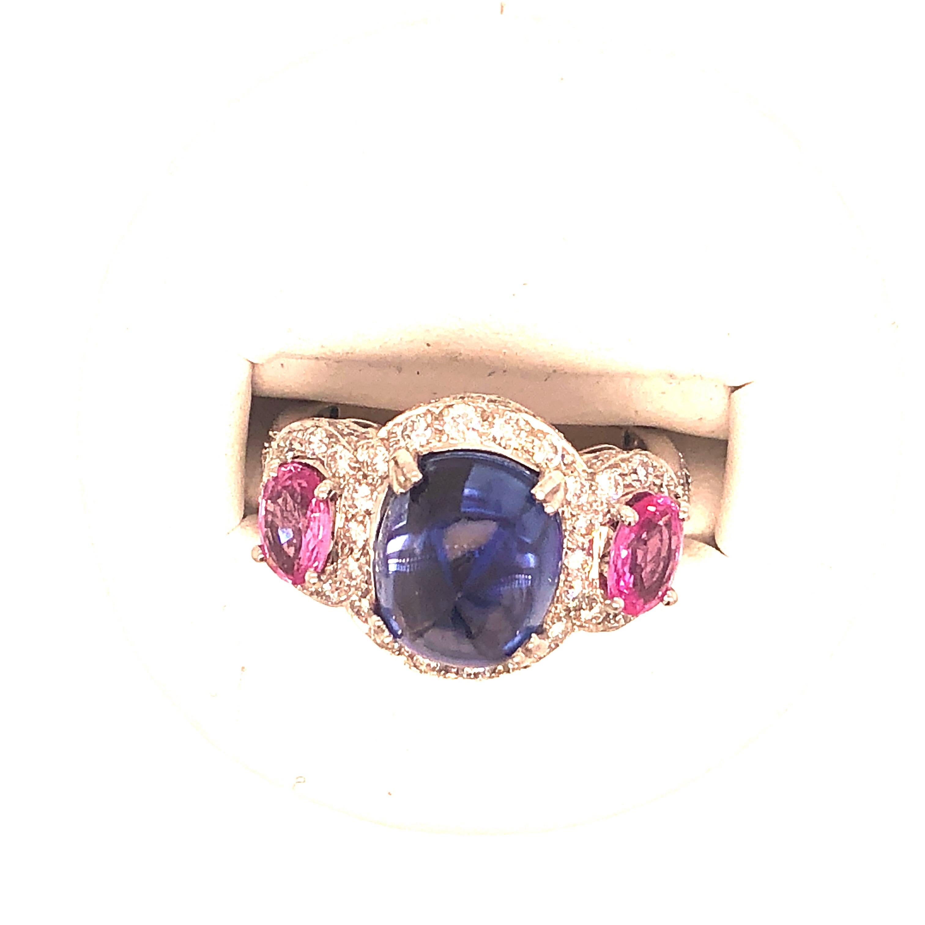 Sugarloaf Cabochon White Gold Diamond Blue and Pink Sapphire Ring