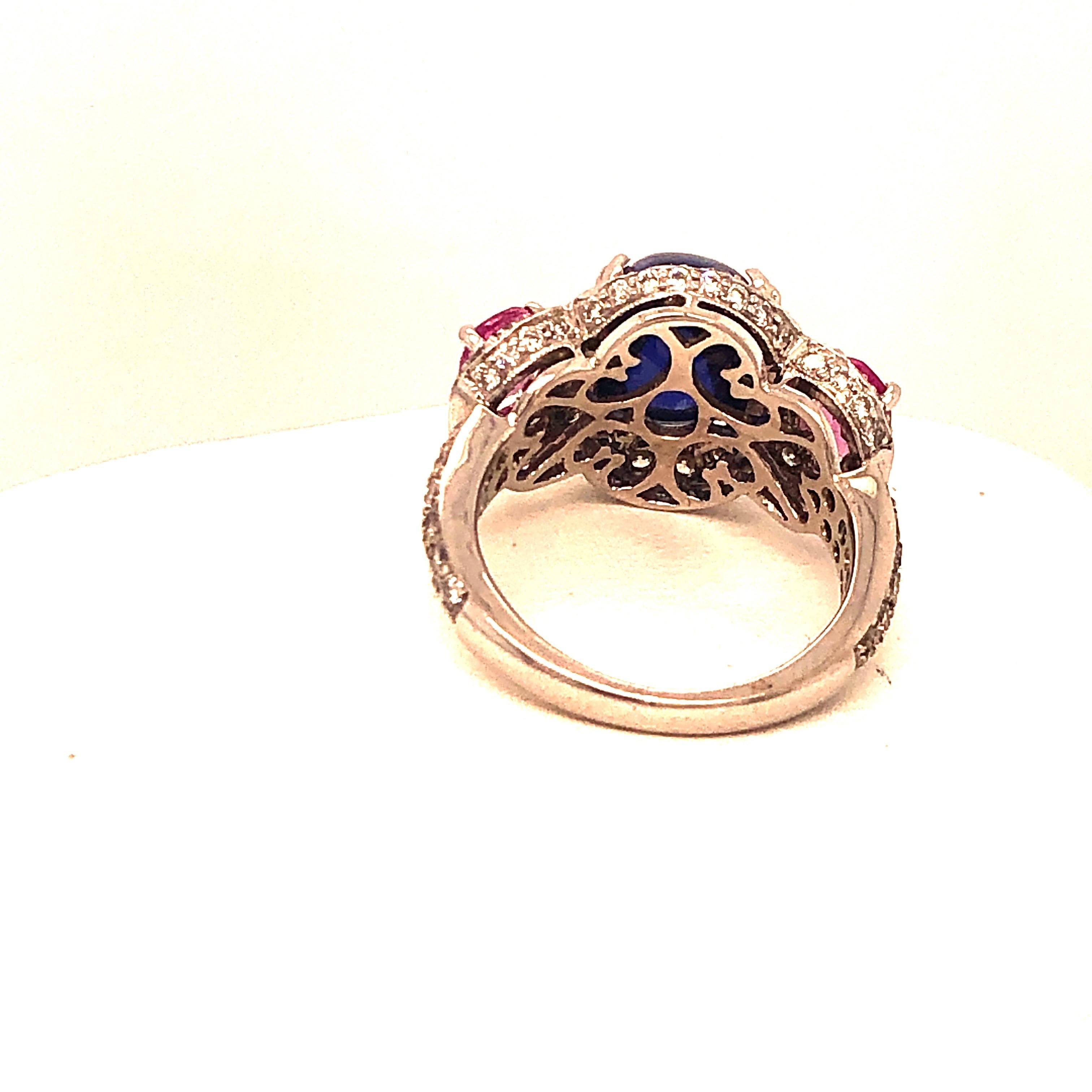 White Gold Diamond Blue and Pink Sapphire Ring In Good Condition In Dallas, TX