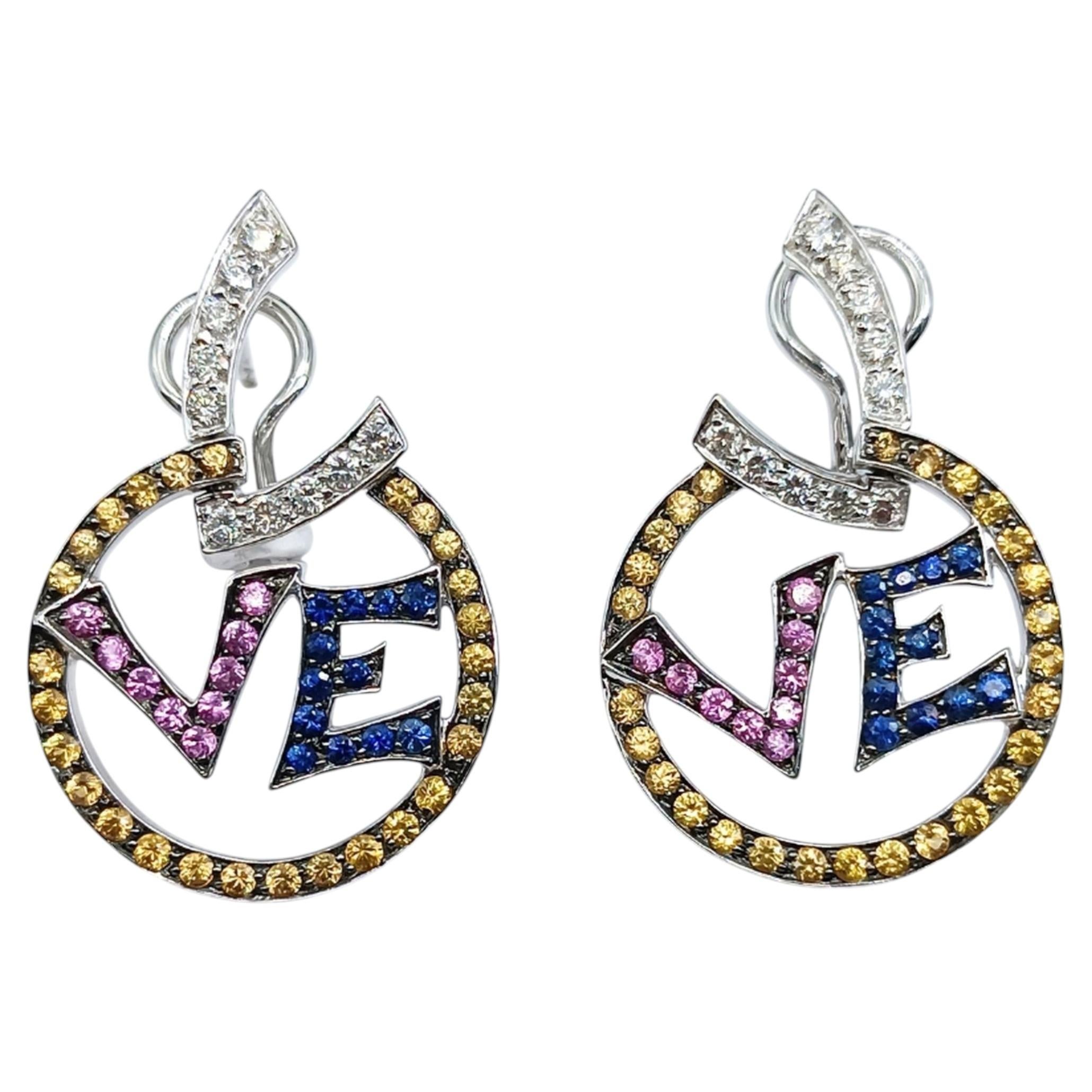 White Gold Diamond, Blue, Yellow and Pink Sapphire Pavé LOVE Earrings