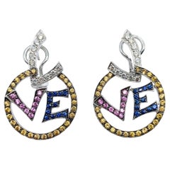 White Gold Diamond, Blue, Yellow and Pink Sapphire Pavé LOVE Earrings